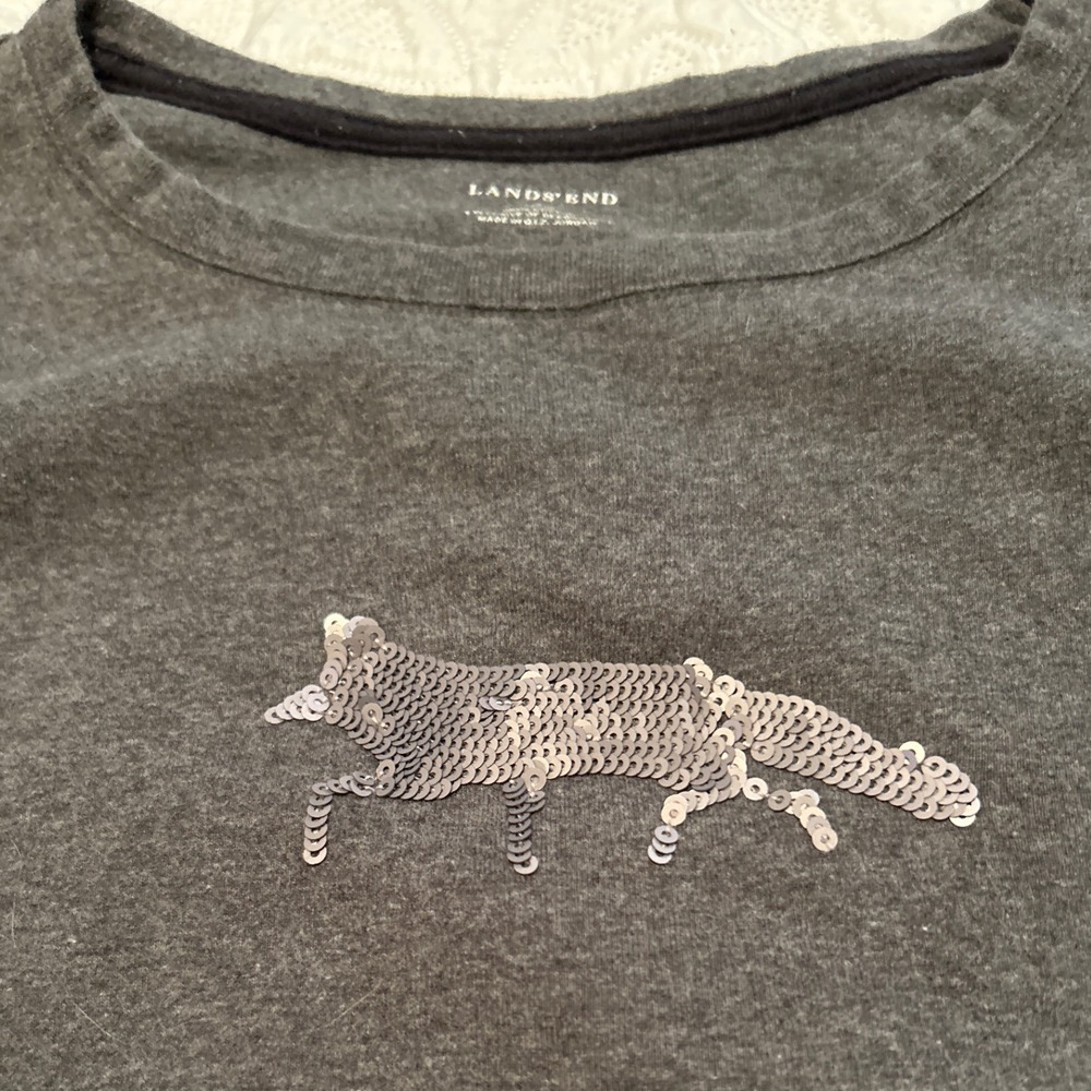 Lands End Gray Long Sleeve T Shirt Sequin Fox Graphic Women Size L‎